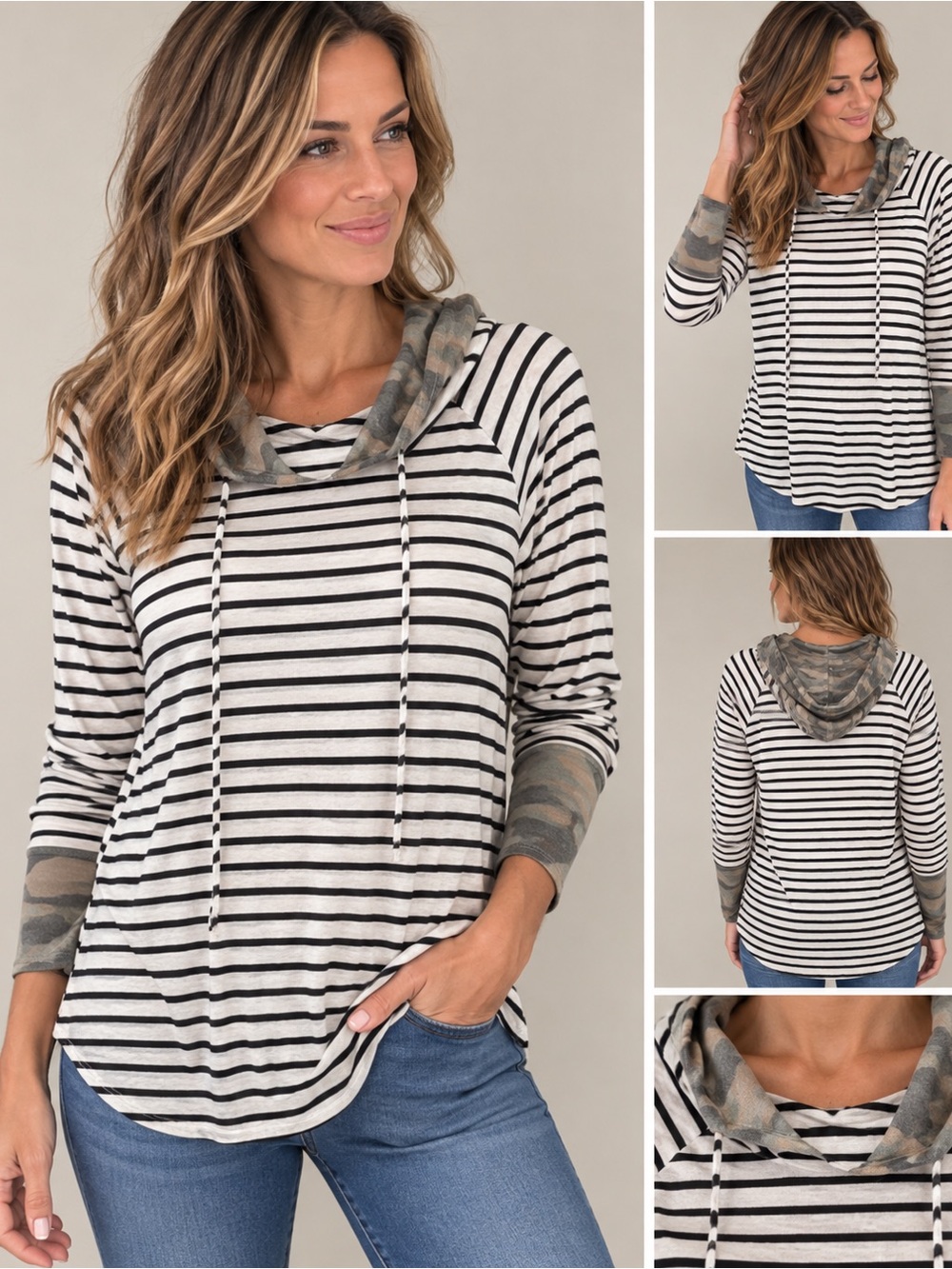 ADORA Black & White Striped Hooded Long-Sleeve Top with Camo Trim